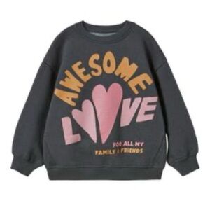 Zara Girls “Awesome Love” Retro Sweatshirt Charcoal Gray Pink Hearts | Size 4–5